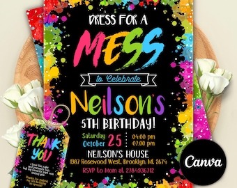 Editable Art Birthday Invitation, Art Party Invitation, Painting Birthday Party, Colorful, Paint Party, Editable  Canva Template