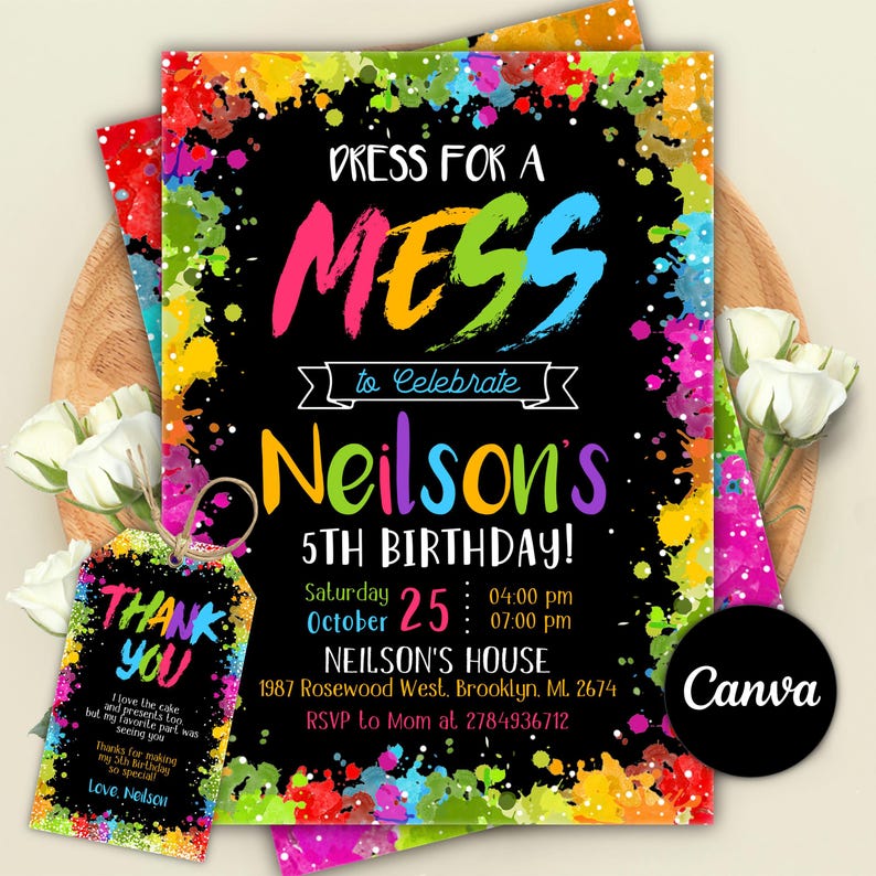 Editable Art Birthday Invitation, Art Party Invitation, Painting Birthday Party, Colorful, Paint Party, Editable Canva Template image 1
