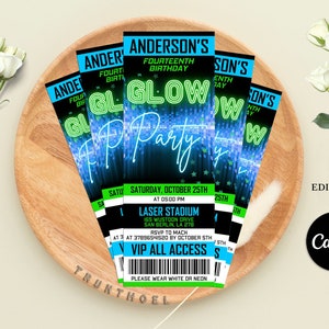 Glow Ticket Einladungsvorlage, Neon Glow-Einladung, Glow-Geburtstagsfeier-Einladung, bearbeitbar in Canva