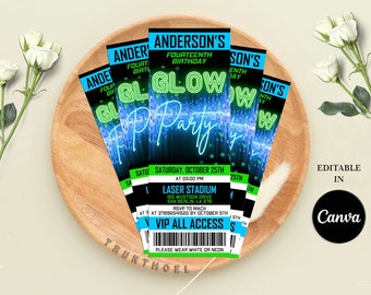 Glow Ticket Invitation Template, Neon Glow Invitation, Glow Birthday Party Invitation, Editable in Canva