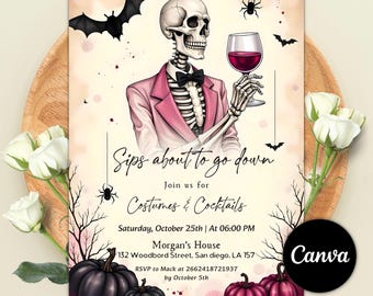 Skeleton Halloween Cocktail Party Invitation, Editable Canva Template (Digital File)