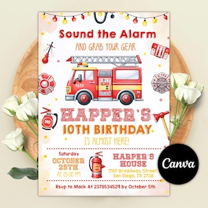 Verjaardagsuitnodiging brandweerwagen, brandweerman verjaardagsfeestje uitnodigen, luid de alarmverjaardag, brandweerman verjaardag, bewerkbare canvassjabloon