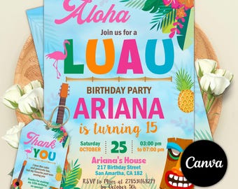 Luau Birthday Invitation, Tropical Aloha Party (Digital Canva)