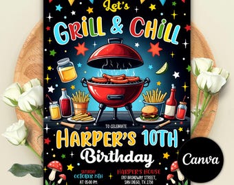 Invitación de cumpleaños editable con barbacoa, invitación para fiesta de cumpleaños con barbacoa en el jardín, invitación para fiesta al aire libre, invitación para barbacoa, plantilla digital de Canva