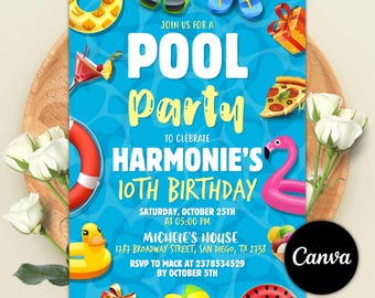Editable Pool Birthday Invitation, Pool Party Invitation, Summer Birthday Party Invite, Boy Girl Birhday Invite, Canva Template