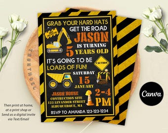 May include: A yellow and black construction themed birthday invitation for a boy turning 5 years old. The invitation features a cartoon construction truck, a sign that says "Grab Your Hard Hats Get The Road", and the text "Jason is turning 5 years old. It's going to be loads of fun!" The invitation also includes the date and time of the party, the address, and the RSVP information.