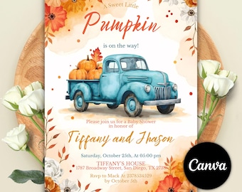 Invito per baby shower a tema zucca, invito a tema autunnale con camion blu, baby shower autunnale rustico, modello Canva modificabile