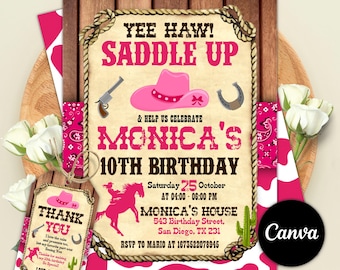 Invitación para fiesta de cumpleaños de vaquera rosa, Fiesta de vaquera disco rosa, Cumpleaños de rodeo, Fiesta de cumpleaños del oeste, ¡Vamos chicas!, Plantilla de Canva