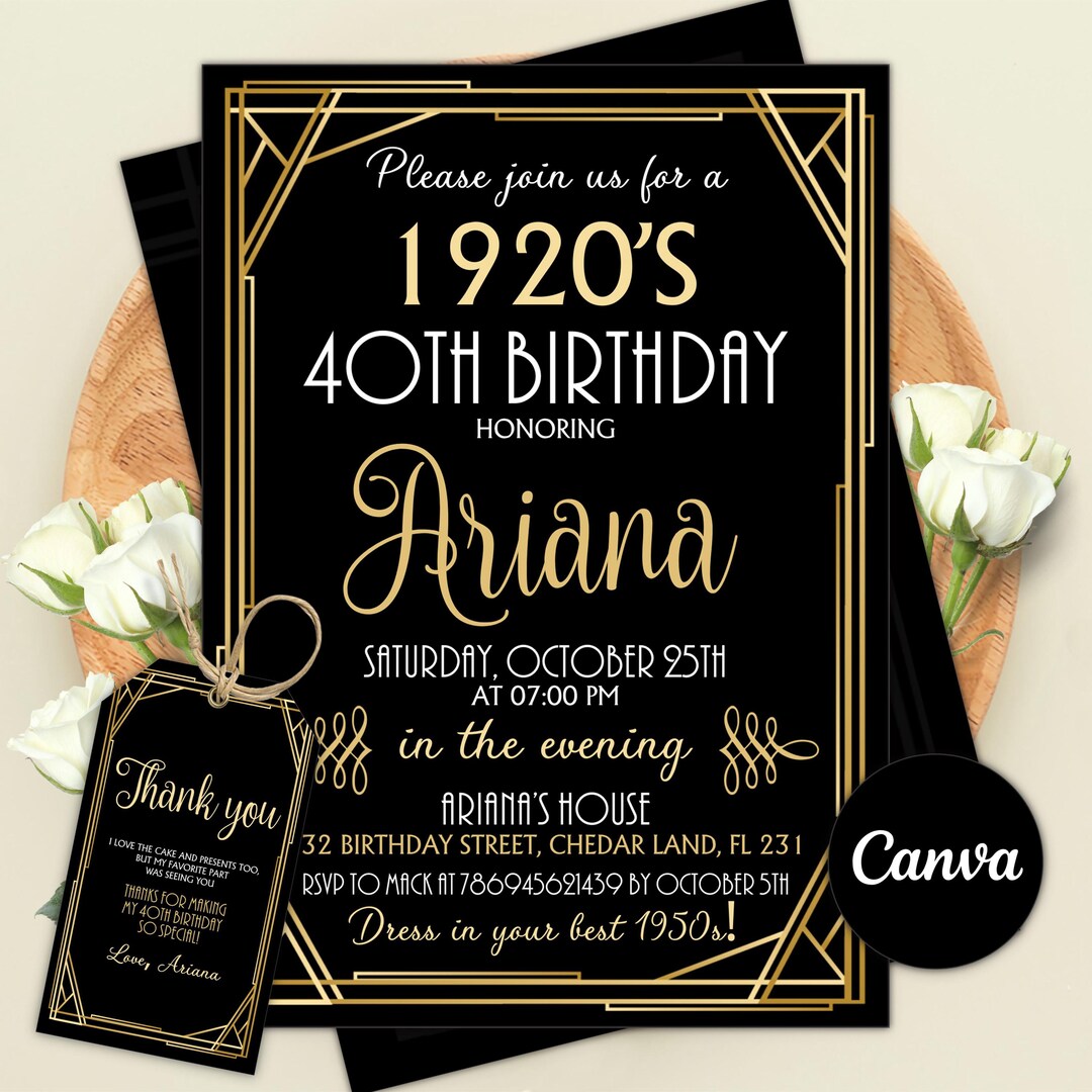 Editable 1920s Art Deco Birthday Invitation, 30th 40th 50th Birthday ...
