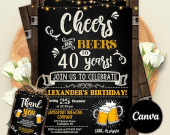 Invitación para fiesta de cumpleaños "Salud y cervezas", para celebrar 30, 40 y 50 años, para adultos, plantilla editable de Canva.