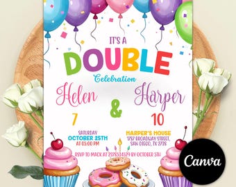 Join Party Birthday Invitation, Sibling Birthday Party, Double Birthday Invitation, Join Birthday Party invite Editable Canva Template