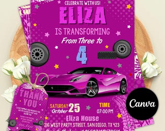 Invito di compleanno a tema auto da corsa, festa a tema auto da corsa, festa di corse, invito a tema auto da corsa sportiva, invito per ragazze, compleanno a tema auto, modello Canva modificabile