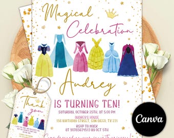 Editable Princess Birthday Invitation, Princess Dress-Up Invite, Royal Birthday, Girl Pink, Princess Dresses, Canva Template