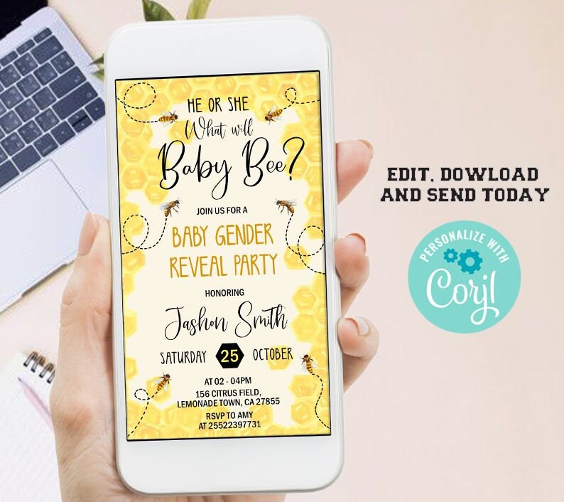 What will baby bee electronic gender reveal shower party invitation Beehive honeycomb smartphone evite Digital Corjl
