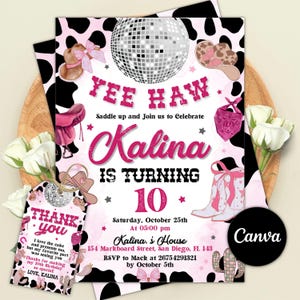 Editable Pink Cowgirl Birthday Party Invitation, Yee Haw Cowgirl Party, Rodeo Birthday, Printable Space Cowgirl Birthday Invitation Template, pink girl invite, disco birthday party, pink girls invite, girls night invite, girl invitation, let's go girls, cowgirl party, girls invitation, cowgirl birthday, pink cowgirl, Disco Dance Party, Disco Ball, Girl Birthday Invite