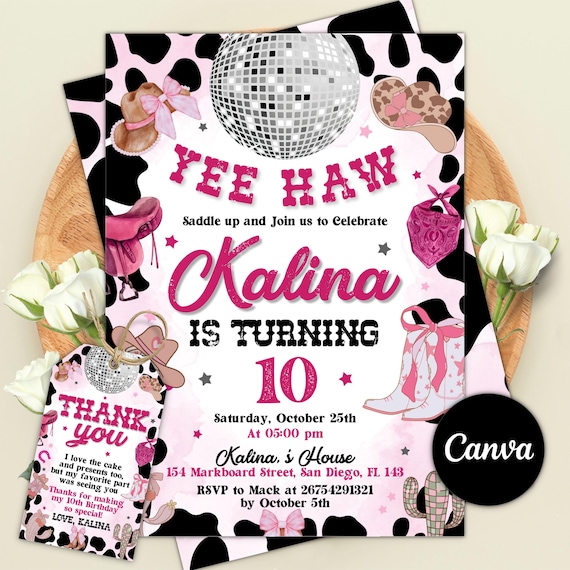 Editable Pink Cowgirl Birthday Party Invitation, Yee Haw Cowgirl Party, Rodeo Birthday, Printable Space Cowgirl Birthday Invitation Template