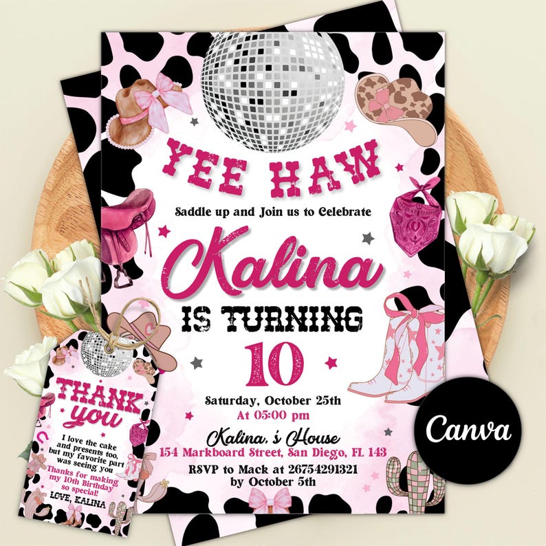 Editable Pink Cowgirl Birthday Party Invitation, Yee Haw Cowgirl Party, Rodeo Birthday, Printable Space Cowgirl Birthday Invitation Template, pink girl invite, disco birthday party, pink girls invite, girls night invite, girl invitation, let's go girls, cowgirl party, girls invitation, cowgirl birthday, pink cowgirl, Disco Dance Party, Disco Ball, Girl Birthday Invite