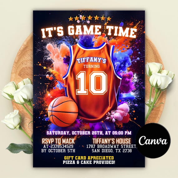 Editable Basketball Birthday Invitation, Sports Birthday Party, Jersey Invitation, Instant Download, Canva Template