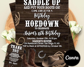 Convite para festa de aniversário com tema country, convite de aniversário de cowboy, prepare-se para a festa, modelo editável do Canva