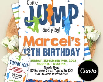 Trampoline Birthday Invitation, Jump Party, Canva Template (Digital)