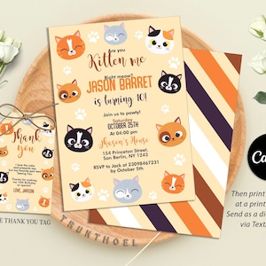 Bewerkbare uitnodiging voor kat, schattige katten verjaardagsuitnodiging, Kitty Cat verjaardagsfeestje, Let's Pawty, Are You Kitten Me Right Meow, Instant Download