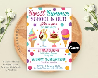 End of School Party Invitation, Hello Summer, School Out Party Invitation, Sweet Summer, Bounce, Water Slide, Editable Canva Template