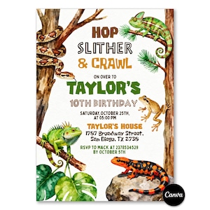 May include: A birthday invitation card featuring watercolour illustrations of a snake, chameleon, frog, iguana, and salamander on tree branches and a rock. The text reads: HOP SLITHER & CRAWL ON OVER TO TAYLOR'S 10TH BIRTHDAY SATURDAY, OCTOBER 25TH, AT 05:00 PM.