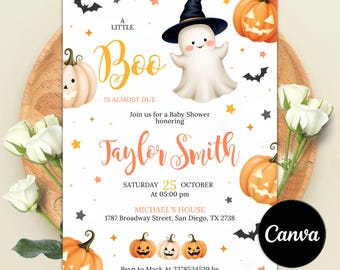 A Little Boo is Almost Due Baby Shower Invite, Editable Halloween Template Cute Ghost Digital Download, Little Boo Invitation, Printable