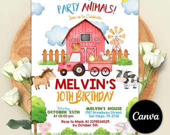 Editable Farm Birthday Invitation, Farm Animals Party Invite, Barnyard Party Invite, Kids Birthday Invitation, Instant Download, Canva