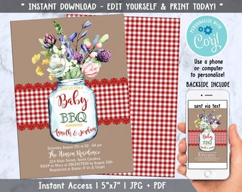 Baby BBQ Invitation, Baby Shower Invite, Baby Q Barbeque Summer Invition Printable, Mason Jar Floral, Digital CORJL