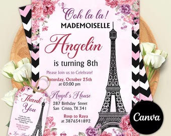 Paris Invitation, Paris Birthday Invitation, Paris Party Invite, French Theme Invitation, Editable Canva Template