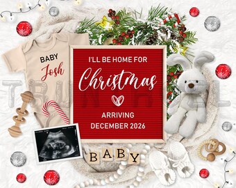 Weihnachten Digitale Schwangerschaftsankündigung, fällig im Dezember Babyankündigung, geschlechtsneutral, bearbeitbare Vorlage, ich werde Weihnachten zu Hause sein