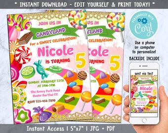 Candy Theme Birthday Invitation, Candyland Birthday, Digital File, Instant Download, Editable Invite Any Age Kids, Birthday Party Invite