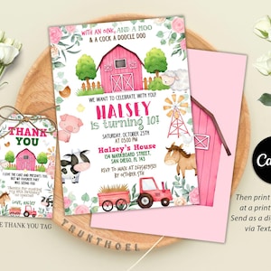 Pink Farm Birthday Invitation, Girl Barnyard Birthday Invite, Farm Animals Birthday Invitation, Floral Barnyard Animals, Ranch Kids Birthday