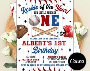 Baseball-Geburtstagseinladung, Baseball-erste Geburtstagseinladung, Rookie des Jahres laden Baseball-Geburtstagsfeier ein, bearbeitbare Canva-Vorlage