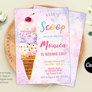 Ice Cream Birthday Invitation. Icecream Sweet Party Here&#39;s the Scoop Pink Purple Gold Girl Birthday EDITABLE Invite. Printable Download