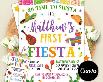 Editable First Fiesta Invitation, Mexican Theme (Canva Template)