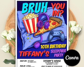 Invito per pigiama party "Bruh You In", compleanno per ragazzi con videogiochi, festa con pizza e popcorn, modello Canva modificabile, biglietto per feste scaricabile digitalmente