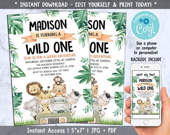 Editable Wild One Birthday Boy Invitation, Safari Party Invitation, Safari Animal Invitation, Jungle Birthday, Printable Invite