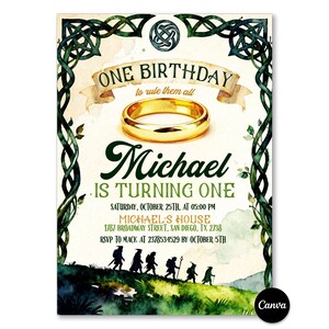 One Birthday to Rule Them All Invitation, Fantasy First Birthday Invite, Adventure Ring Party, Editable Canva Template