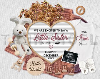 May include: A pink and white baby announcement with a heart-shaped letter board that reads "We are excited to say a little sister is on the way. Arriving December 2026". There is a white onesie with the text "Baby Jesie" in pink, a baby rattle, a wooden sign that says "Hello World", and a baby ultrasound image.