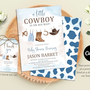Invito per baby shower cowboy, Invito per un piccolo cowboy in arrivo, Wild West Western, modificabile in Canva