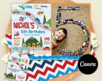 Transportation Birthday Invitation, Honk, Beep, Choo Choo, Train, Cars Birthday Invitation, Boat Bday Invite, Editable Canva Template