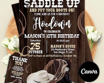 Convite editável para festa country, prepare-se e calce suas botas! Convite de aniversário com tema de cowboy, madeira rústica, festa de aniversário country.