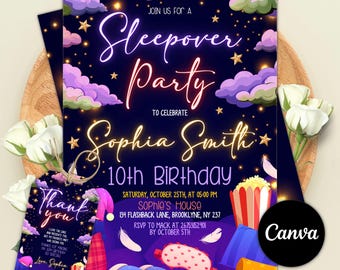 Sleepover Birthday Invitation, Printable Sleepover Invite, Slumber Party, Pajama Party, Retro Neon Light Editable Canva Template