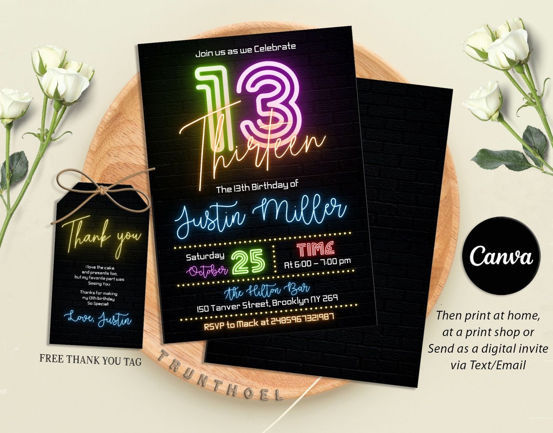 Editable Neon Birthday Invitation, Rainbow Invitation, 13th Birthday ...