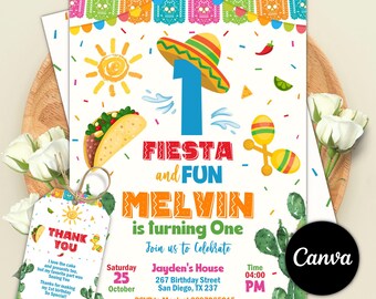 First Fiesta Birthday Invitation,  Fiesta Party Birthday Invitation, Taco Birthday Party, Cactus, Mexican Theme, Editable Canva Template