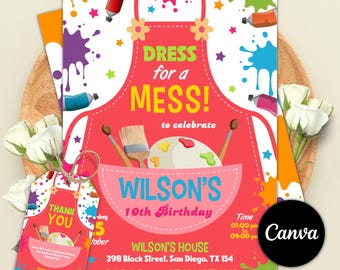 Art Birthday Invitation, Painting Party Invitation, Art Birthday Party Invitation, Dress for a Mess, Editable Canva Template