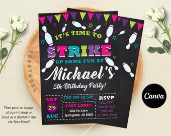 May include: Black and white bowling-themed birthday party invitation with neon pink, green, and blue accents. It's Time to Strike Up Some Fun at Michael's 5th Birthday Party!  The invitation includes the date, time, location, and RSVP information.