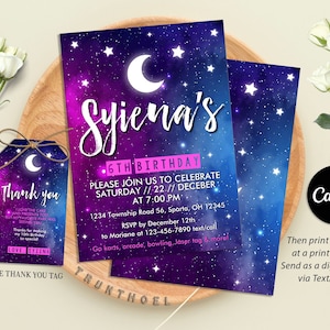 Faire-part d'anniversaire galaxie, téléchargement immédiat, invitation d'anniversaire galaxie, étoiles lune, tout âge, personnaliser avec Canva